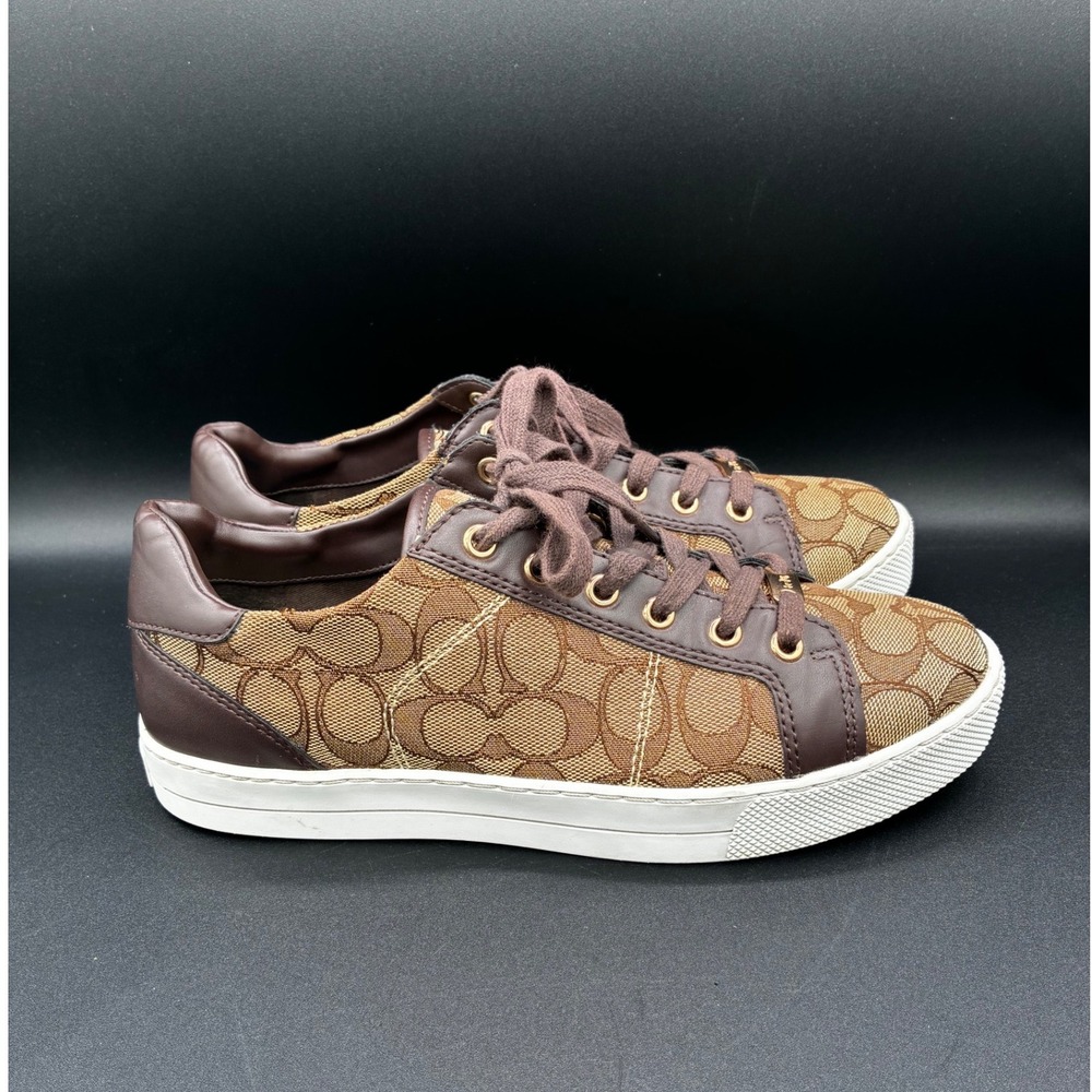 Coach Paddy Womens Signature Monogram Canvas Sneakers Khaki Mahogany Brown 9B - Picture 2 of 12